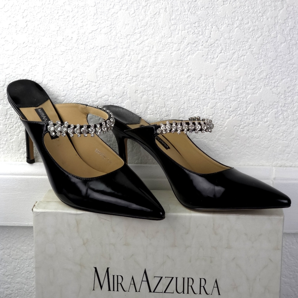 Mira Azzurra Rhinestone Strappy Heeled Mules, Pointy Toe - Picture 2 of 14
